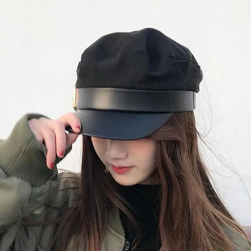 Black military cap autumn women's winter fashion wool beret short skirt news men's belt belt women's belt