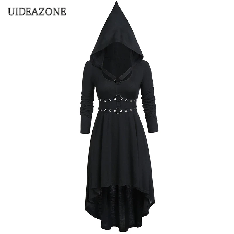 

Vintage Witch Cosplay Gothic Women Dress Plus Size Hooded Hollow out Long Sleeve Goth Ladies Dresses 2XL 2020 Spring Autumn