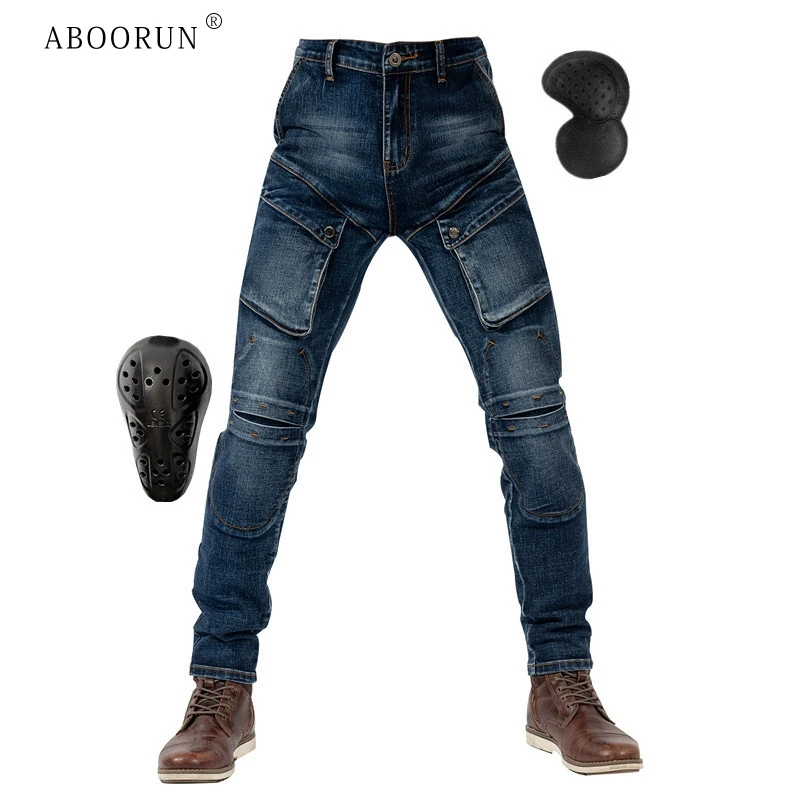 

ABOORUN Men's Multi Pockets Motorcycle Biker Jeans with Protection High Quality Elastic Cargo Denim Pants for Male