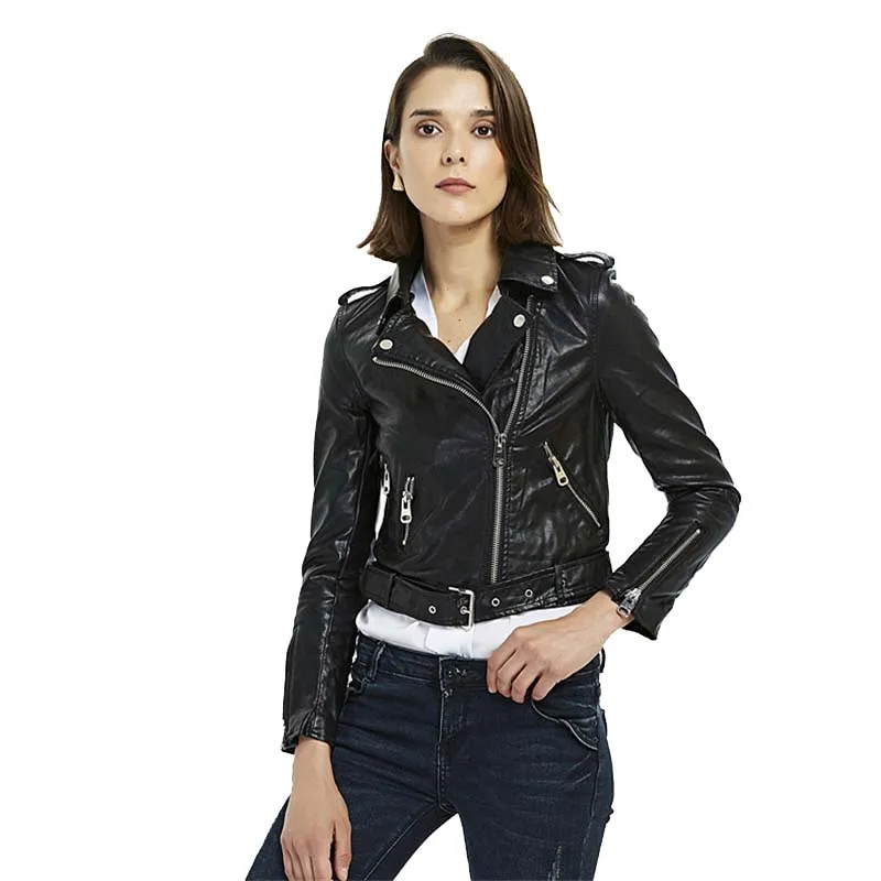 Cute Cropped Slant Zipper Belted Black Faux Leather Biker Jacket for Women Punk Rock Girls White PU Leather Jacket Short Coat