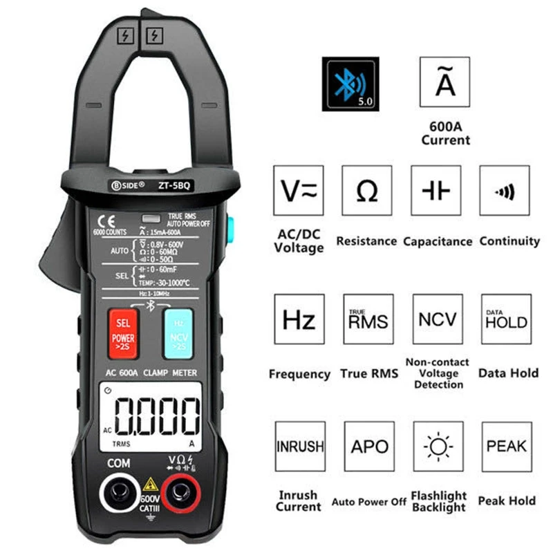 

BSIDE ZT-5BQ Digital Clamp Meter Wireless Technology Smart Multimeter True RMS Voltmeter Ammeter Auto Rang Capacitor NCV Tester