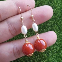 national fashion red agate white pearl gold earrings gift wedding ear stud carnival jewelry new year cultured beautiful