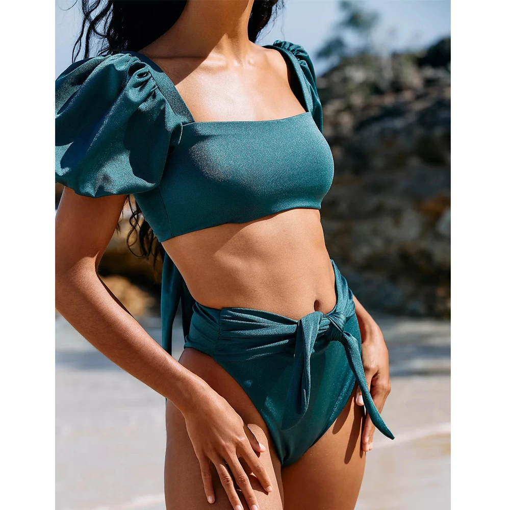 

Sexy Bikini 2021 Solid Color Sport Bandeau Swimsuit Short Sleeve Summer High Waist Cut Backless Bathing Suit Beachwear