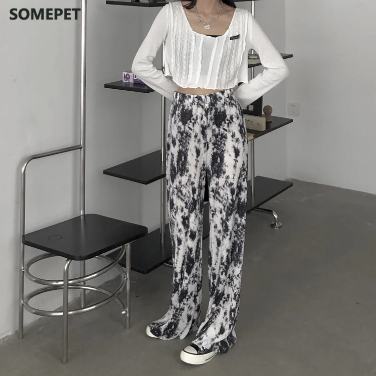 

Loose Straight High Waist Long Boho Comfortable Ruched Pleated Tie Dye Print Pant Korean Summer Simple Casual Trouser Women Cute