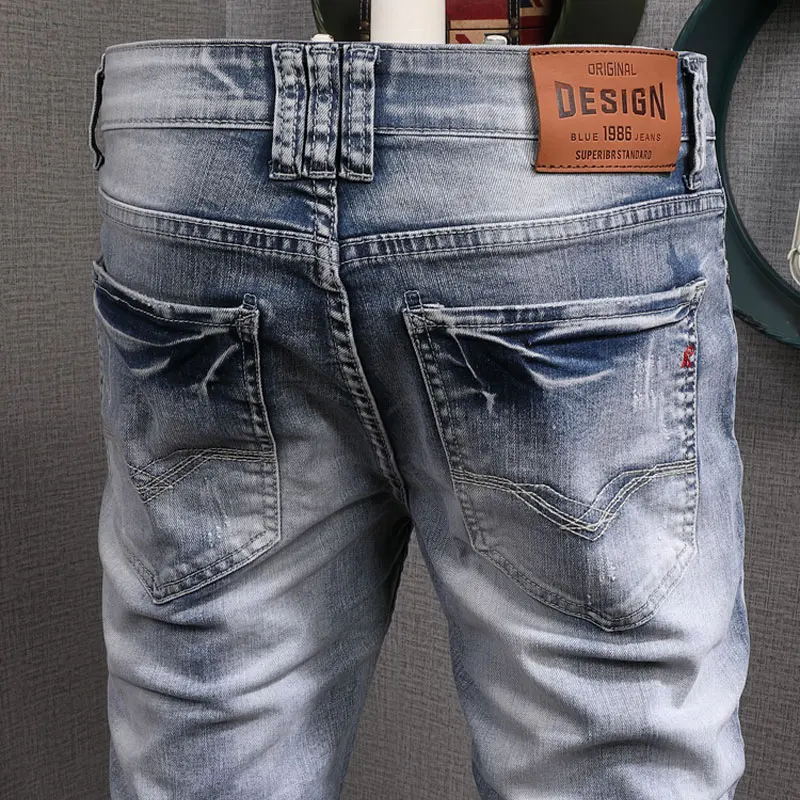 European American Street Fashion Men Jeans Retro Light Blue Destroyed Slim Ripped Jeans Men Patchwork Designer Denim Punk Pants