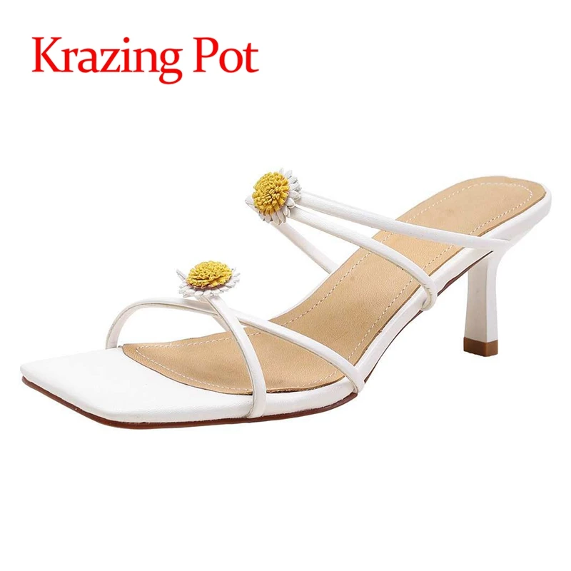 

lenkisen size 41 cow leather flowers solid sweet girls daily wear brand shoes high quality slip on women sandals women L76