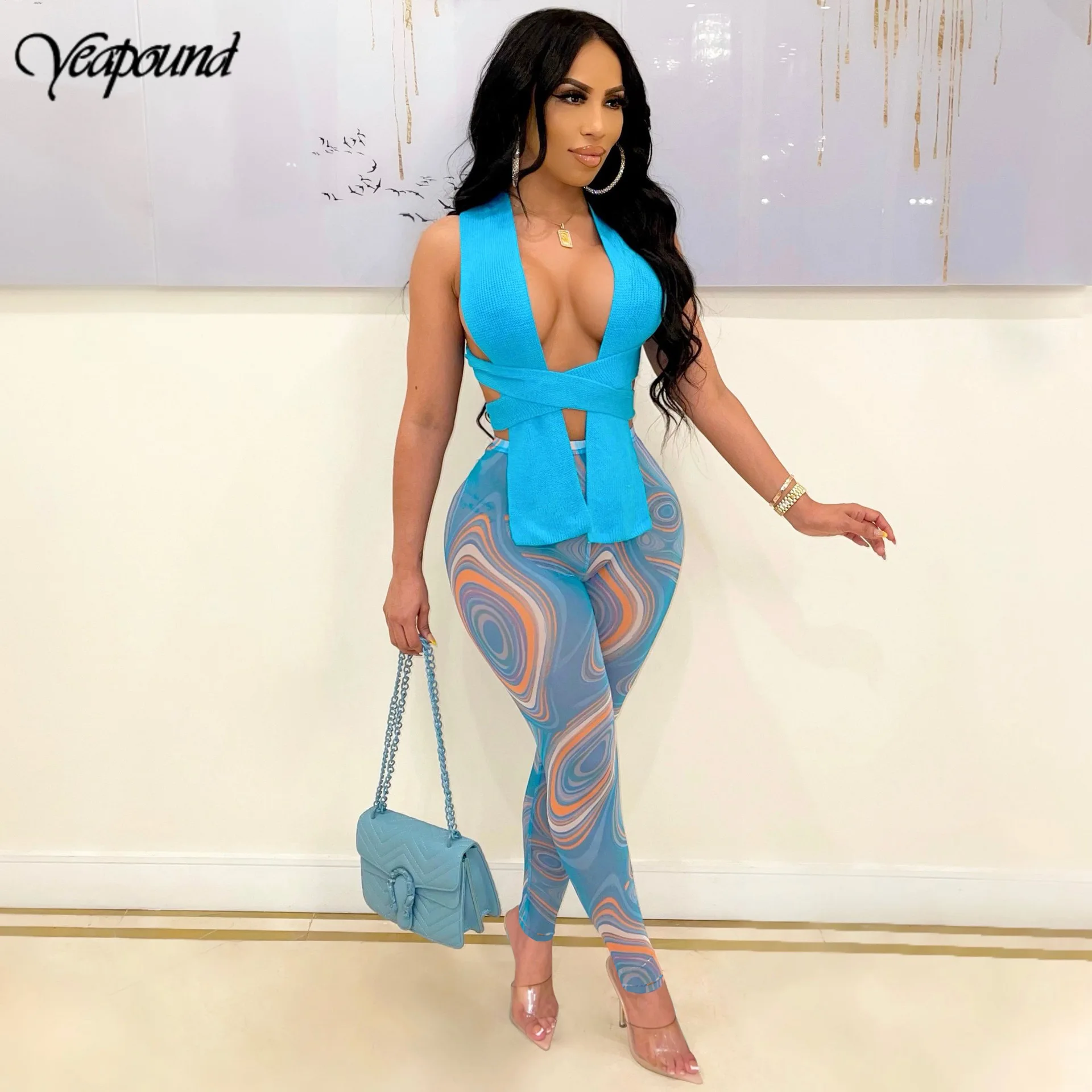

Sexy Two Piece Women Pants Sets Deep V Lace-Up Sleeveless Crop Mesh Leggings Suit Summer 2021 Fashion Party Clubwear