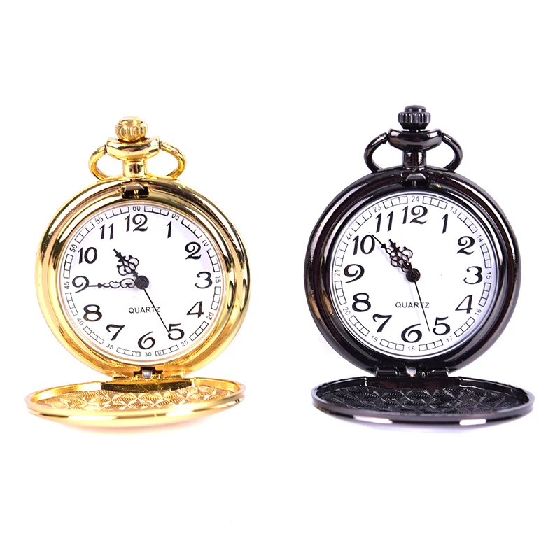 

1pcs New Retro Men Black Pocket Watch Polish Quartz Pocket Fob Watches Pendant With Chain Engraved Gift 2 Styles