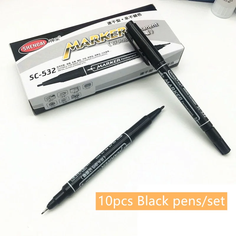 10pcs Black 10 шт. двухсторонний маркер-хайлайтер, смелый тонкий наконечник на масляной основе, несмывающиеся чернила, черный, красный, синий для CD металла, стекло, ткань керамика A6875 - Цвет: 10pcs Black