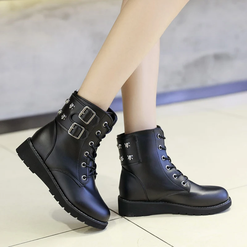

Martin Boots Round Toe Lace Up Low Heels Military Training Shoes Spring Autumn Rivet Med Calf Femmes Bodyguard Zapatos Black Pu