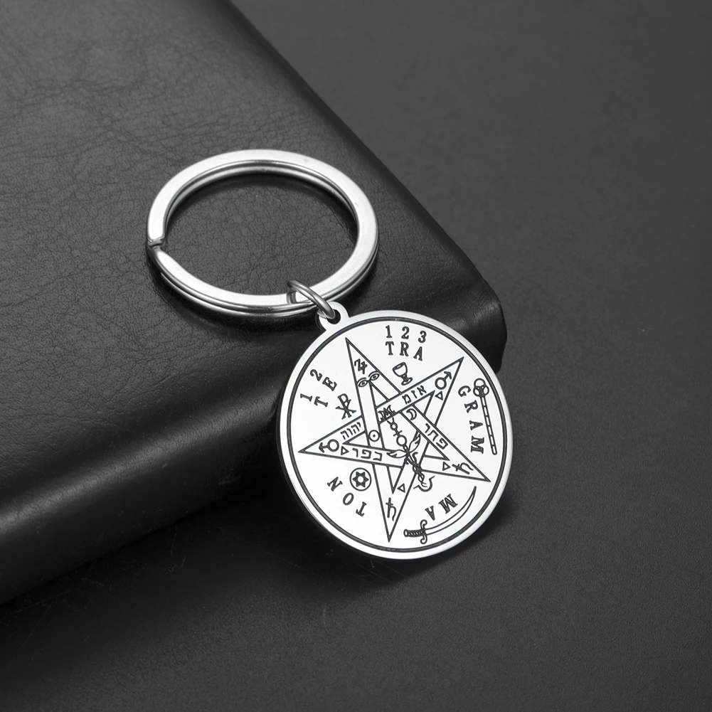 

Dawapara Vintage Tetragrammaton Pendant Key Chain Wahyeh Magical Blessed Pentagram of Solomon Amulet Keyring Stainless Steel