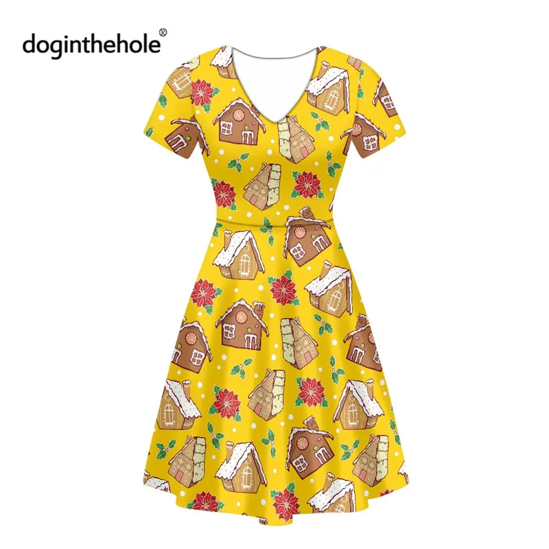 

Doginthehole Kawaii Yellow Teen Girls Christmas Swing Dress Sexy V-neck Female Evening Party Clothes 2021 Winter Flared Vestidos