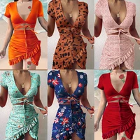 2021 new summer lace up short high waist v neck sexy dress free shipping
