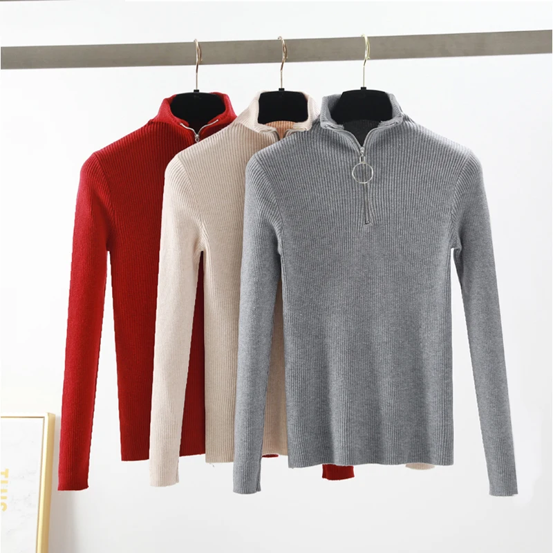 Casual Zipper Sweater Women Turtleneck Autumn Winter Tops Solid Long Sleeve Fashion Knitted sweaters Pullovers Chic Soft Jumper | Женская