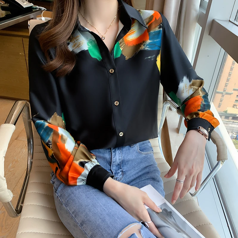 

Chikichi2021весна-осень новый стиль корейская мода с лацканами контрастных цветов шифоновая Женская свободная рубашка с длинными рукавами на пуговицах с принтом