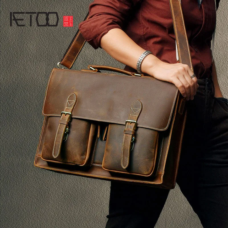 

AETOO Vintage leather computer bag, crazy horse leather messenger bag, leather handbag