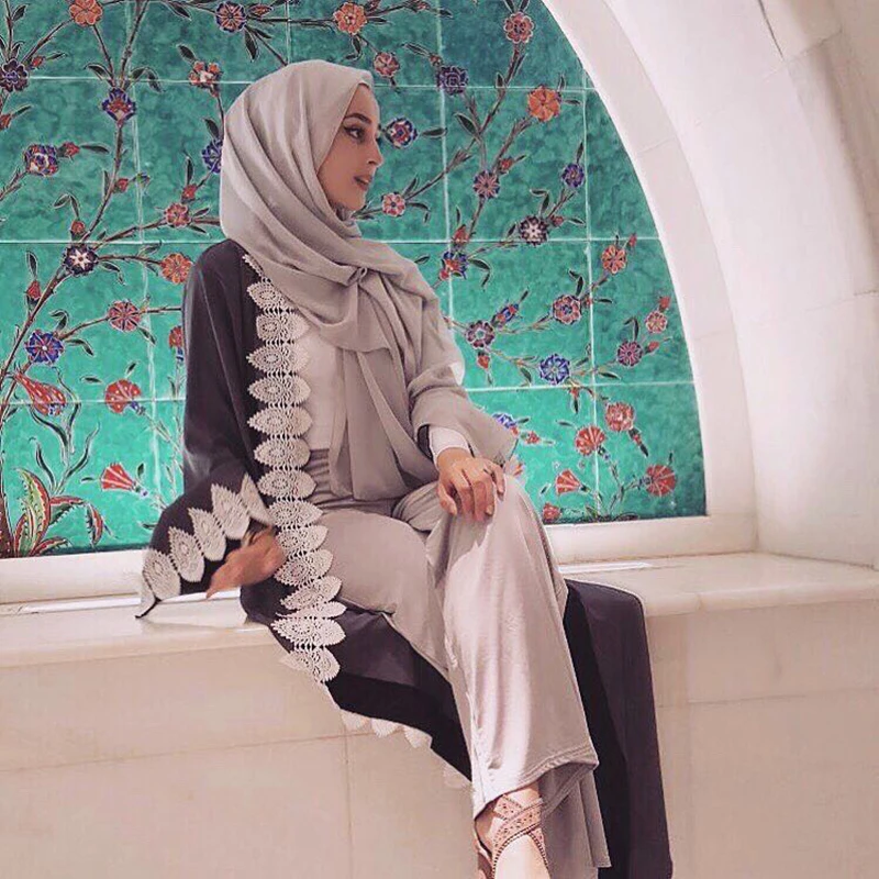 

Muslim Abaya Lace Dress Cardigan Long Robe Gowns Kimono Jubah Ramadan Middle East Thobe Worship Service Islamic Prayer Clothing