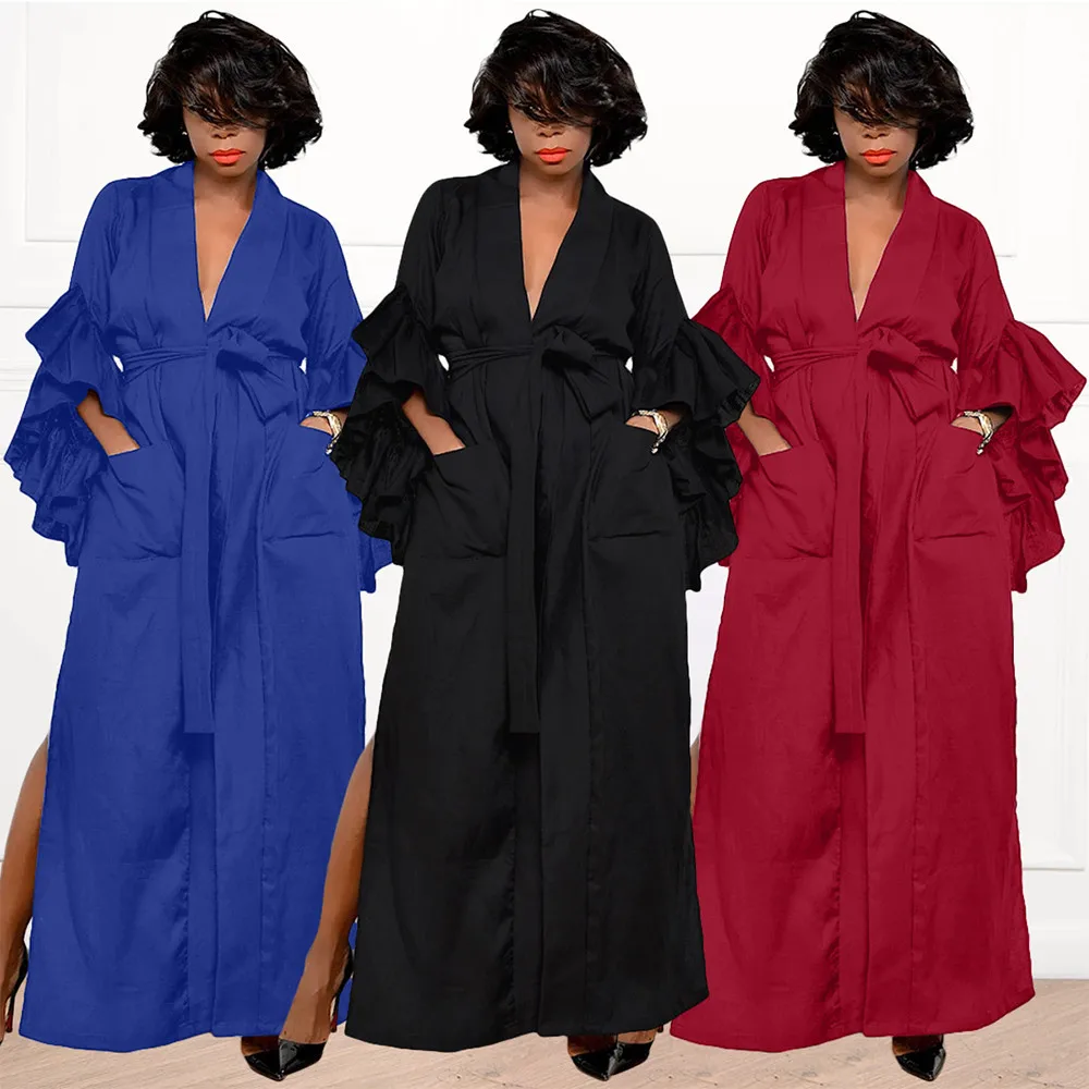 Женское платье-макси с каскадными оборками V-образным вырезом и карманами |