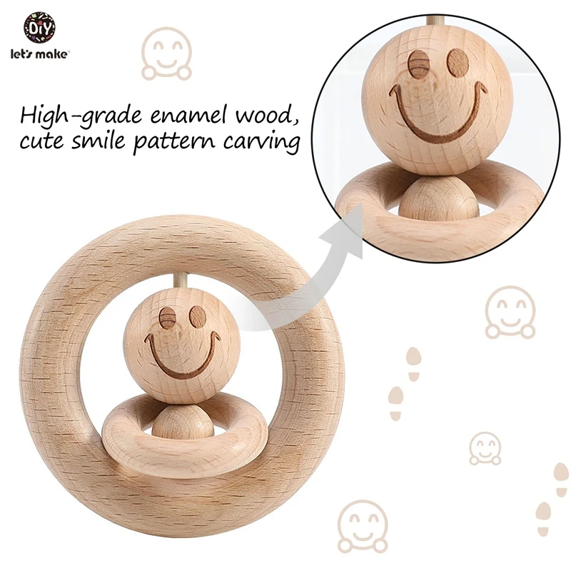 Let's Make Baby Wooden Rattle Bed Bell Wooden Ring 70mm/80mm Beech Wood Smiley Face 1PC Educational Toys Rattles For Newborns