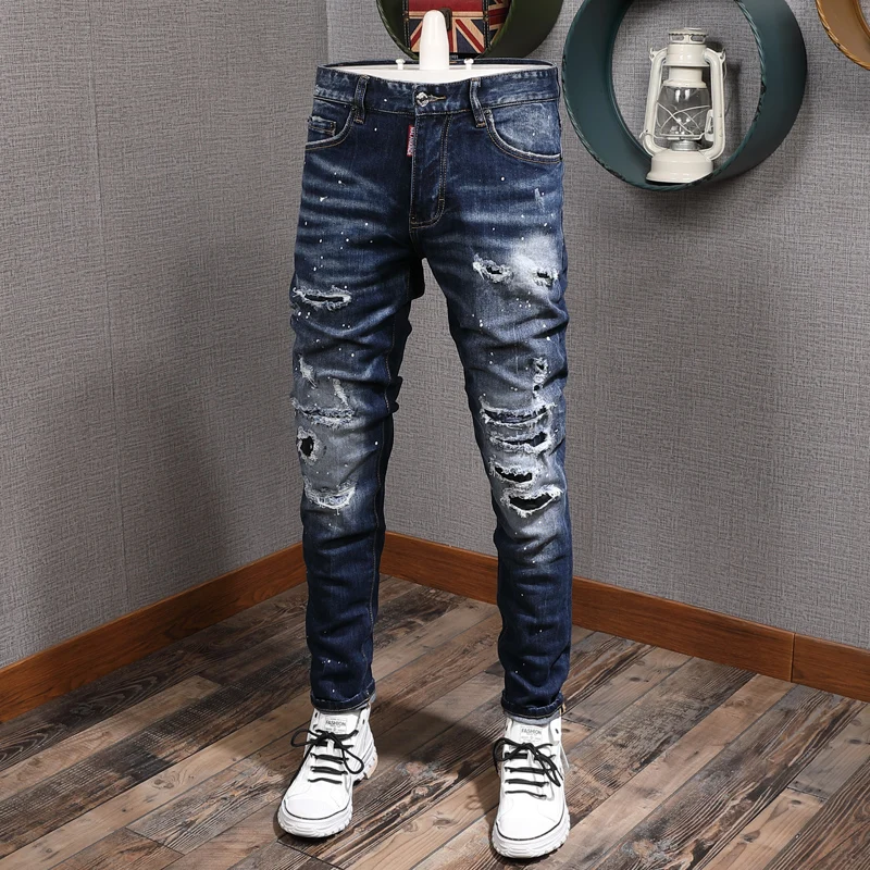 American Street Fashion Men Jeans High Quality Retro Blue Slim Fit Destroyed Ripped Jeans Men Beading Designer Denim Punk Pants