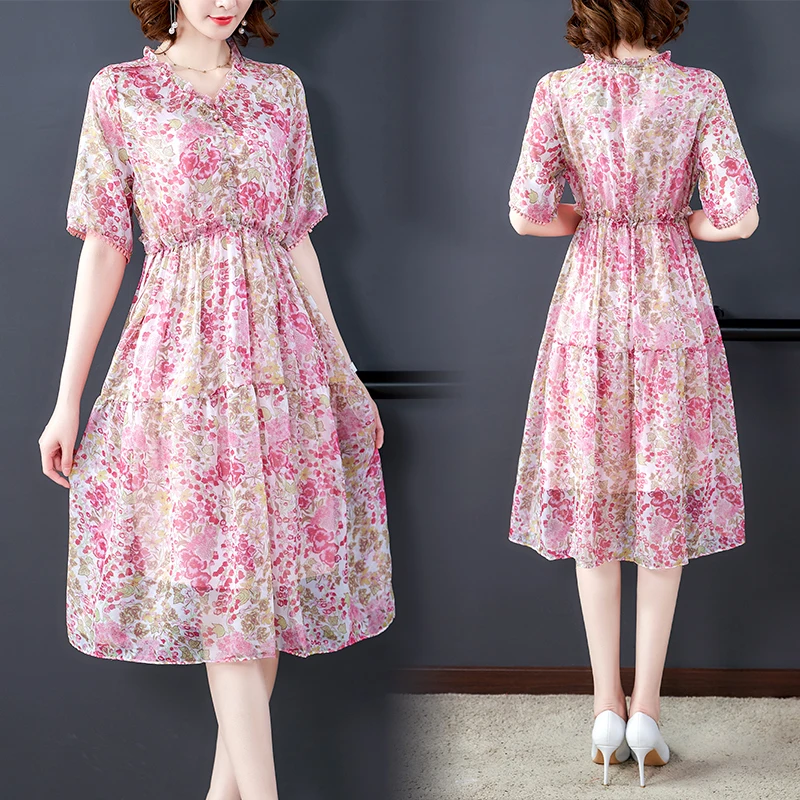 

COIGARSAM 3XL Plus Size Vintage Floral Print Women dress New Spring Summer Cute High Waist Dresses Pink 9366