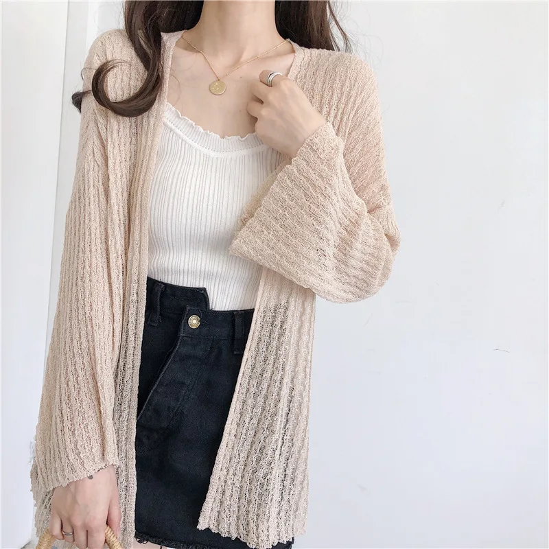 iClosam Casual Cardigan Sweaters Women Hollow Out Knitted Summer White Knitwear Cardigans Open Front Long Sleeve Female Sweater |