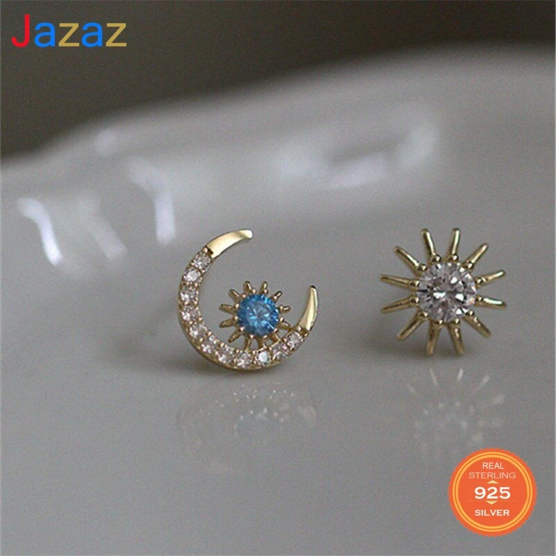 

Jazaz 925 Sterling Silver Star Moon Stud Earrings Women 14k Gold Plating Inlaid Blue Crystal Temperament Elegant Goddess D001720