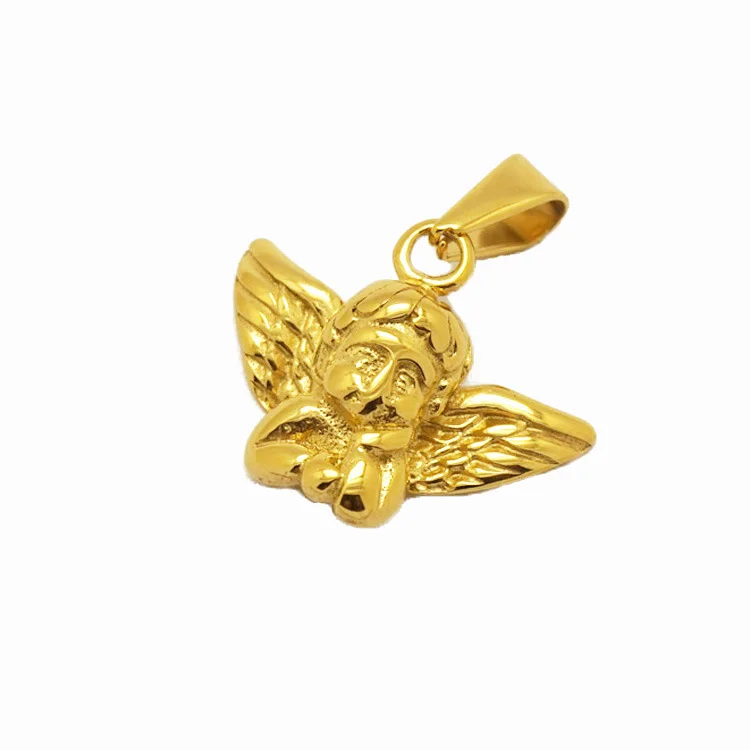 

Guardian Angel Titanium Steel Necklace Baby Pendant Necklace Relief Angel Wings Charm Ice Out Wings Chain Gold Plated Jewelry