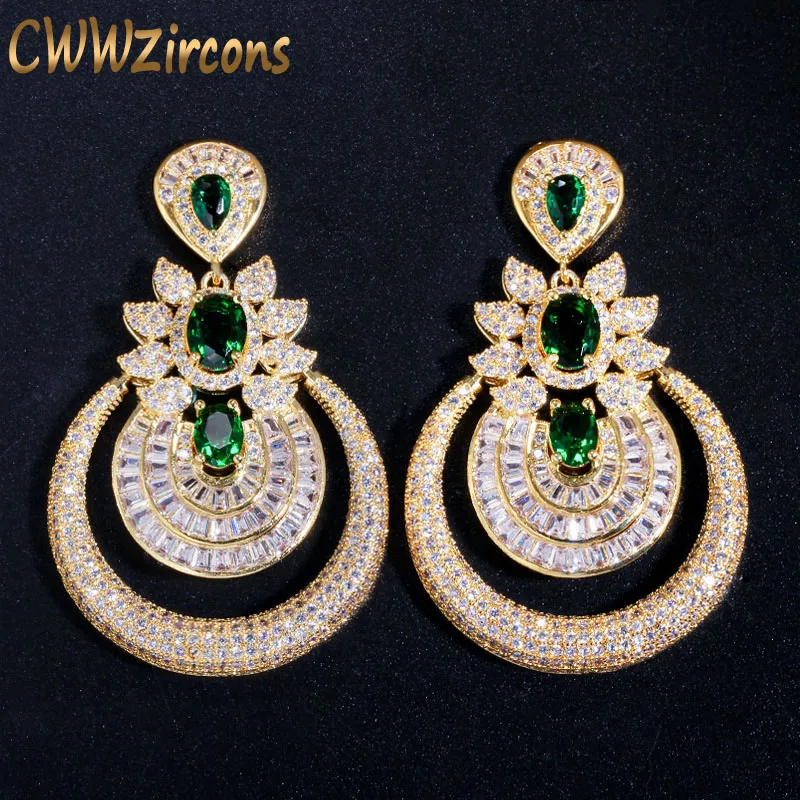 CWWZircons Дубай 18 К желтое золото Винтаж Бижутерия зеленый изумруд длинные большие капли серьги на свадебную вечеринку для женщин CZ457