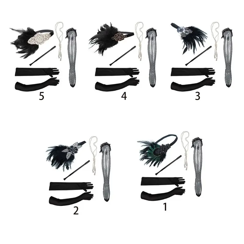 

5PCS Flapper Set Masquerade Party Hair Costume Accessories Headband Necklace Gloves Stockings Cigarette Holder