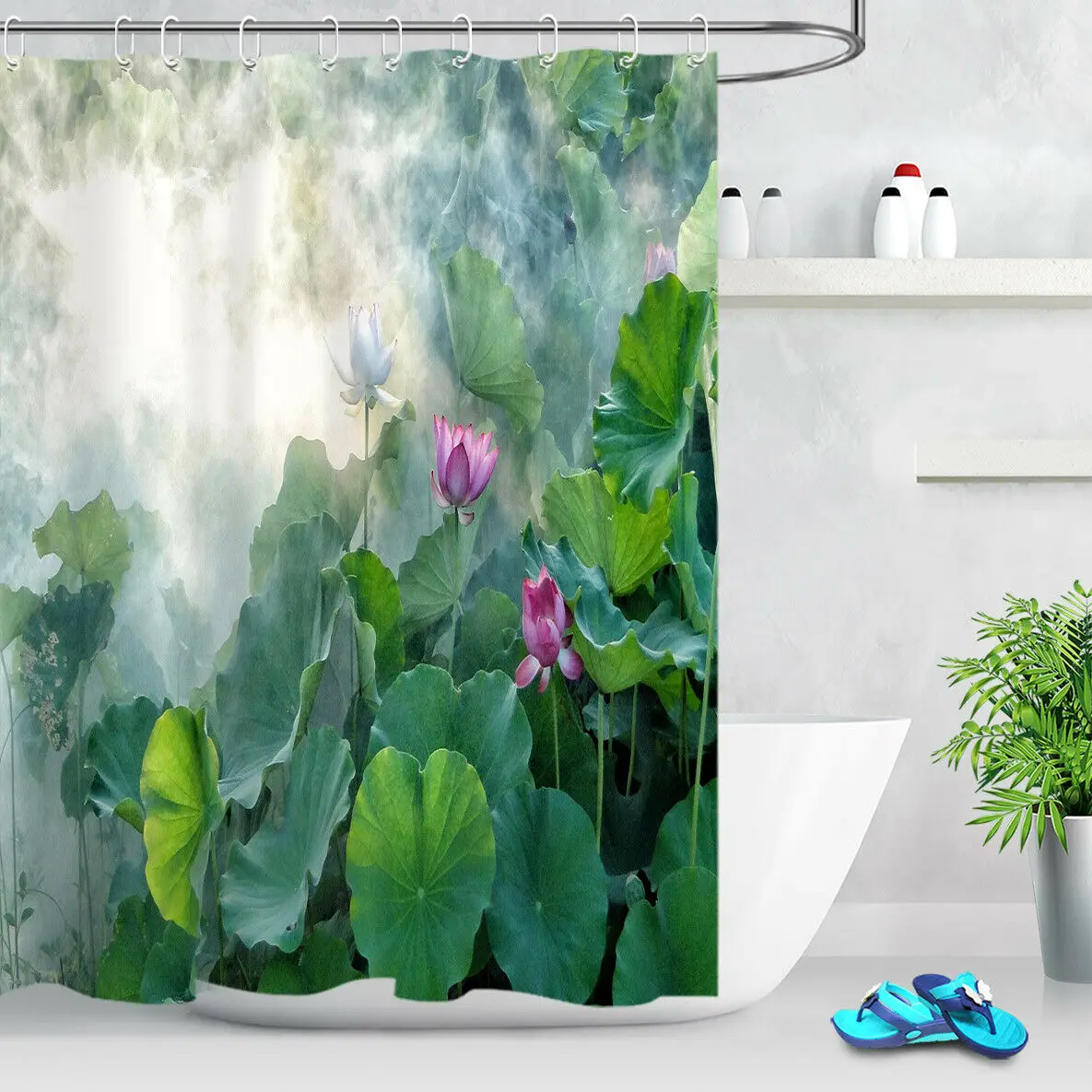 

Bathroom Waterproof Polyester Lotus Leaves and Lotus Shower Curtain