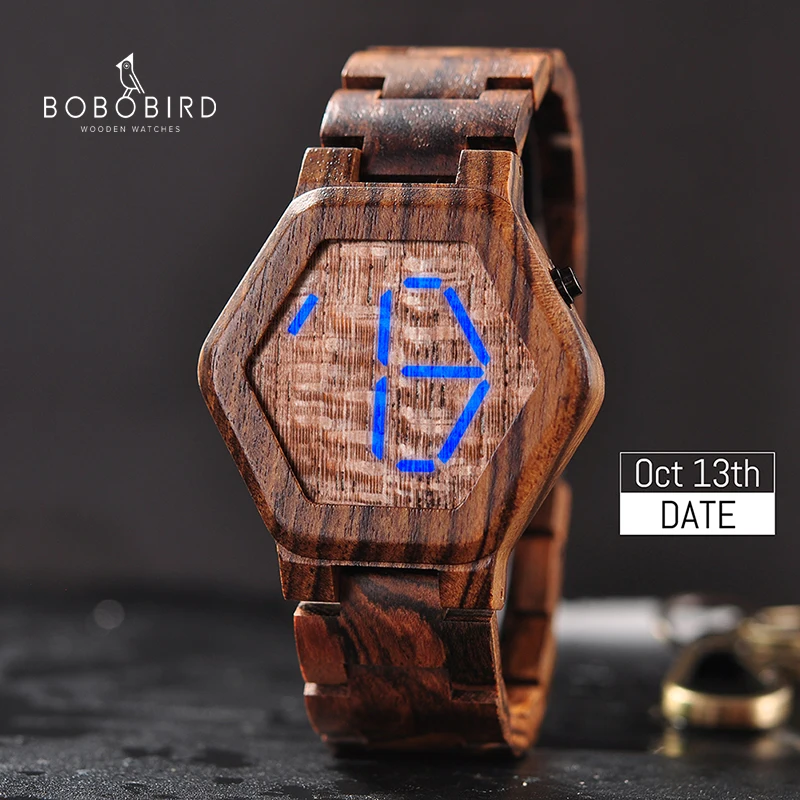 LED Display Wood Watch BOBOBIRD Electronic Wristwatches Nigh