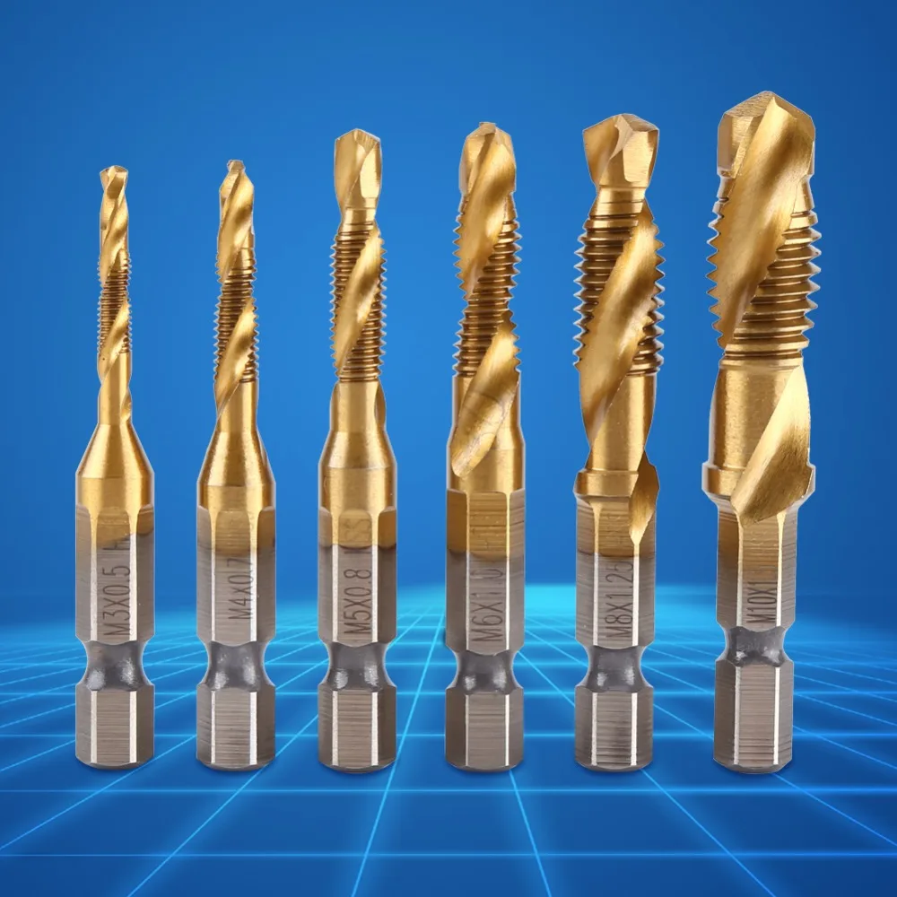 

6PCS/Lot HSS Drill Bit Metric Thread M3 M4 M5 M6 M8 M10 Titanium Coated Tap Bits 1/4" Hex Shank for Drilling