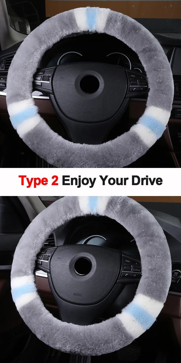 Wool True Leather Car Steering Wheel Cover Fit For 36-42 CM 14.2"-16.5" Braid on Steering-Wheel Auto Carpet Winter Warm Soft