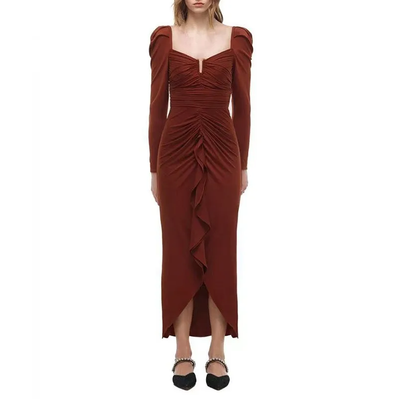 

Осенние новые модные дизайнерские стильные платья-миди с оборками и длинным пышным рукавом, коричневого и черного цвета, 2021