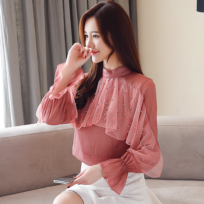 Женские весенние блузки 2019 топы и с бусинами элегантные женские рубашки