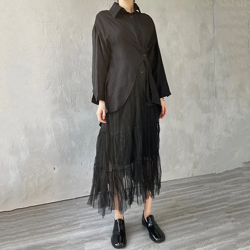 

DEAT Women Black Asymmetrical Chiffon Pockets Blouse New Lapel Long Sleeve Slim Fit Shirt High Waist Fashion Tide Summer 2021