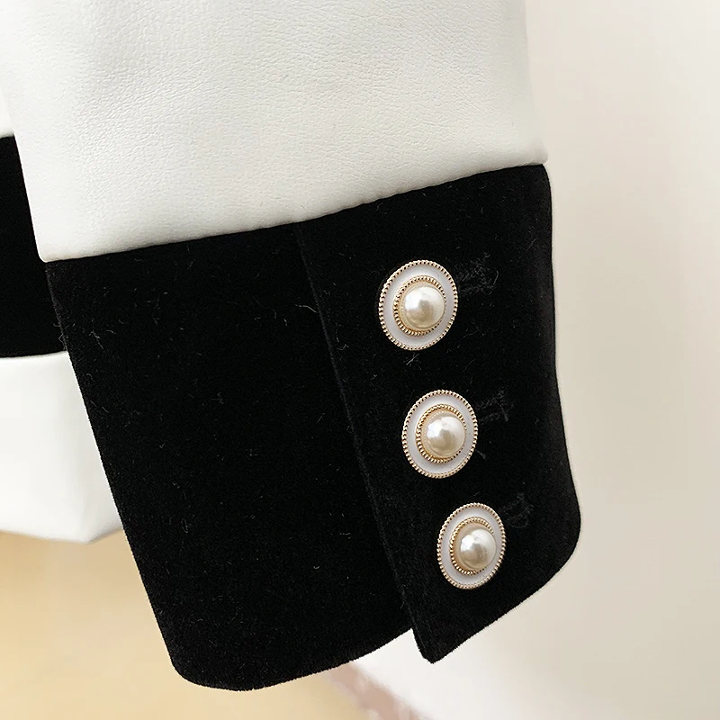 

Fall HIGH STREET Winter 2021 Newest Runway Dress Women's Extra Shoulder Color Block Leather Velvet Patchwork Smocked Waist Dress