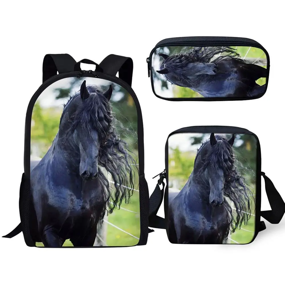 HaoYun 3PCs/Set Handsome Friesian Horse Print Pattern School Bag for Boys Teenager Girls Backpacks Child Students Travel Bagpack