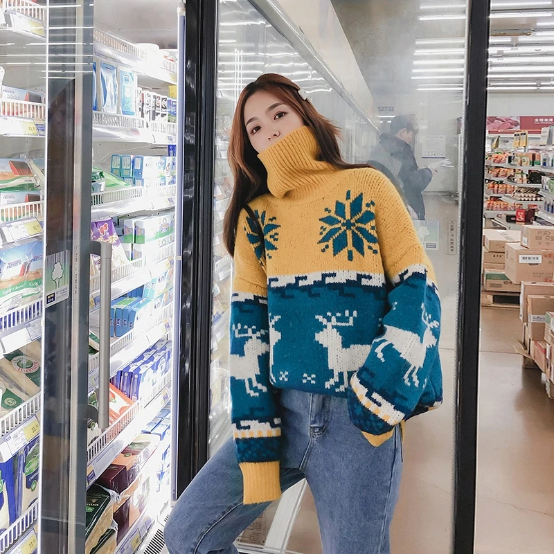 Женский Рождественский свитер со снежинками оленями водолазка свободный