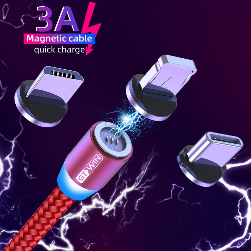 GTWIN 3A Магнитный кабель Micro USB кабель для iPhone Быстрая зарядка usb type C кабель для передачи данных для мобильного телефона Магнитный Шнур зарядное устройство 1 м/2 м