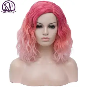 Женские Двухцветные Короткие Розовые и синие парики MSIWIGS, Короткие вьющиеся синтетические волосы Омбре для чернокожих и белых женщин, парики для косплея Боб
