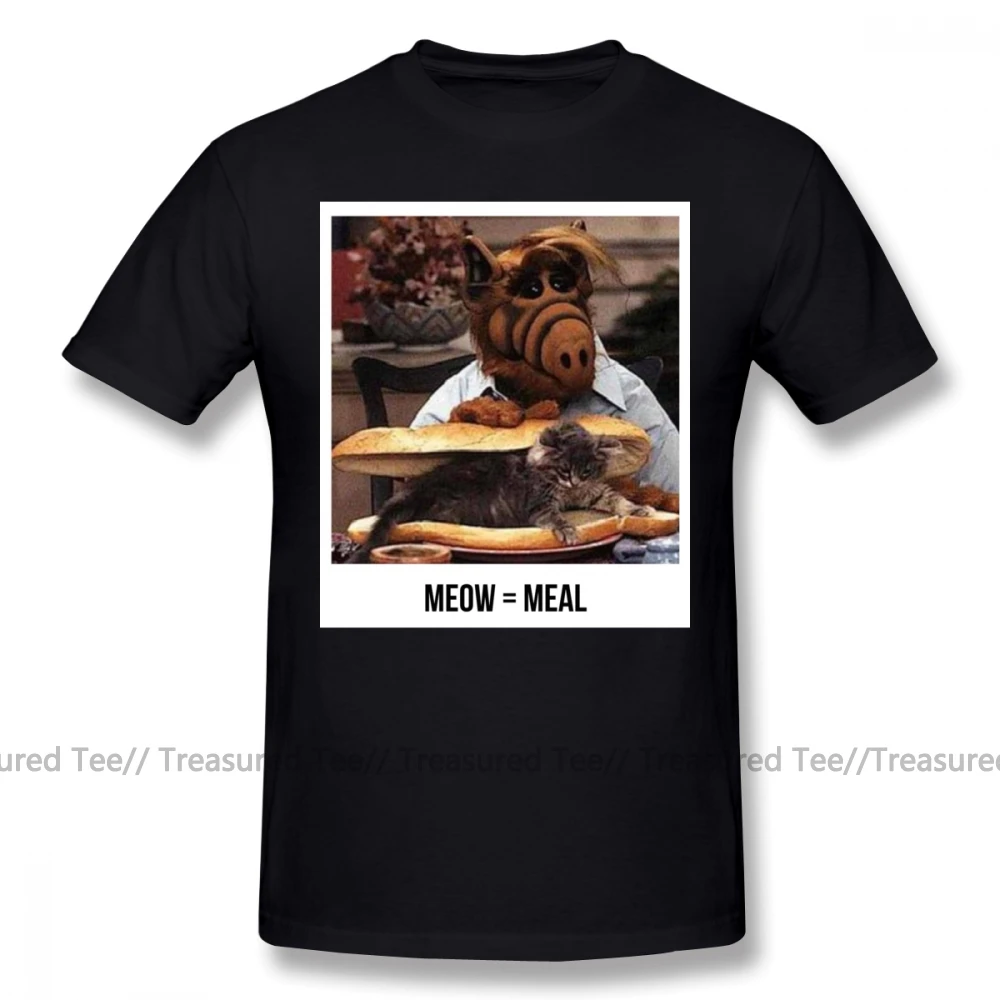 Black Alf футболка Meow с коротким рукавом, футболка с принтом, мужская Милая пляжная Повседневная футболка из 100 хлопка размера плюс 4XL 5XL - Цвет: Black