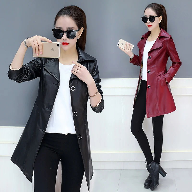 Весенние женские длинные тренчи из искусственной кожи однобортные пальто