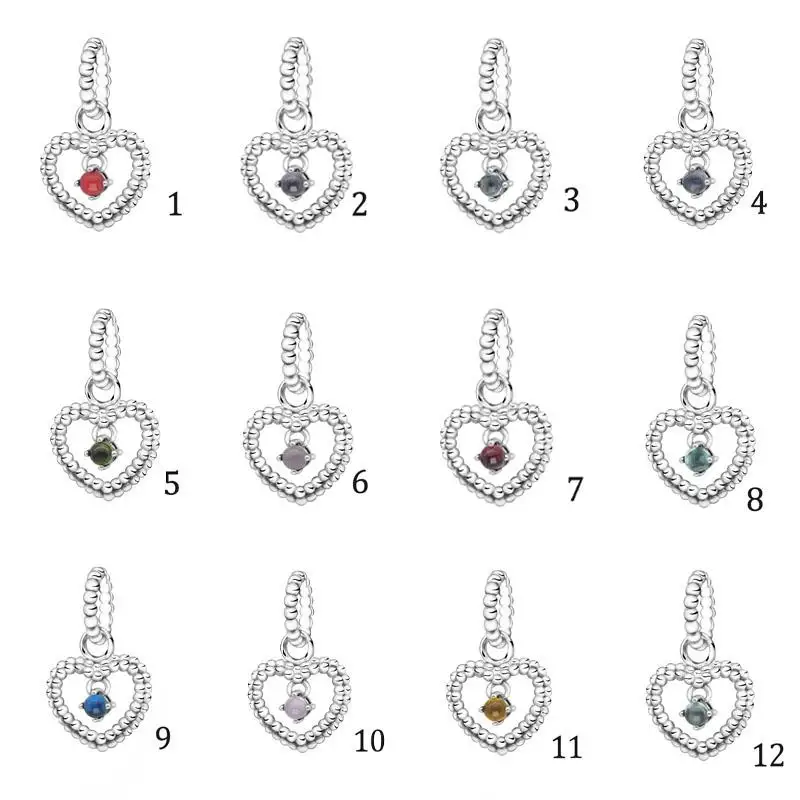 

Ahthen 925 Silver Beads Crystals Birthstone Heart Charms fit Original Pandora Bracelets DIY Jewelry For Women