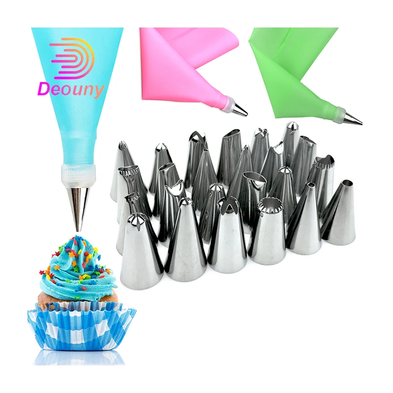 

DEOUNY 26Pcs/Set Piping Bag Tips DIY Cake Decorating Tool 24 Stainless Steel Nozzles 1 Reusable Silicone Pastry Bag 1 Converter