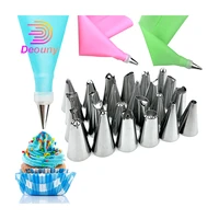 deouny 26pcsset piping bag tips diy cake decorating tool 24 stainless steel nozzles 1 reusable silicone pastry bag 1 converter