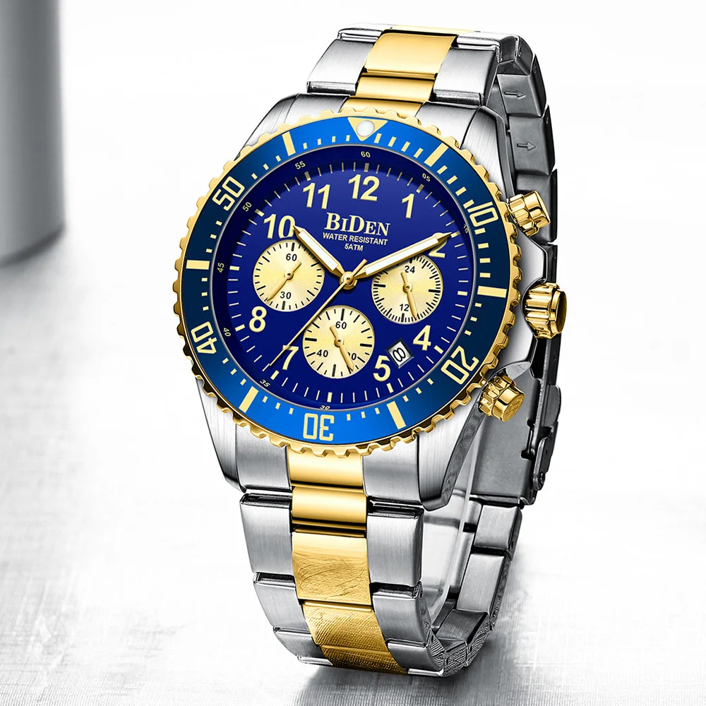 Luxury Gold Chronograph Men Watches Big Dial Stainless Steel Calendar Sport Business Male Wristwatch BIDEN Top Brand Clock