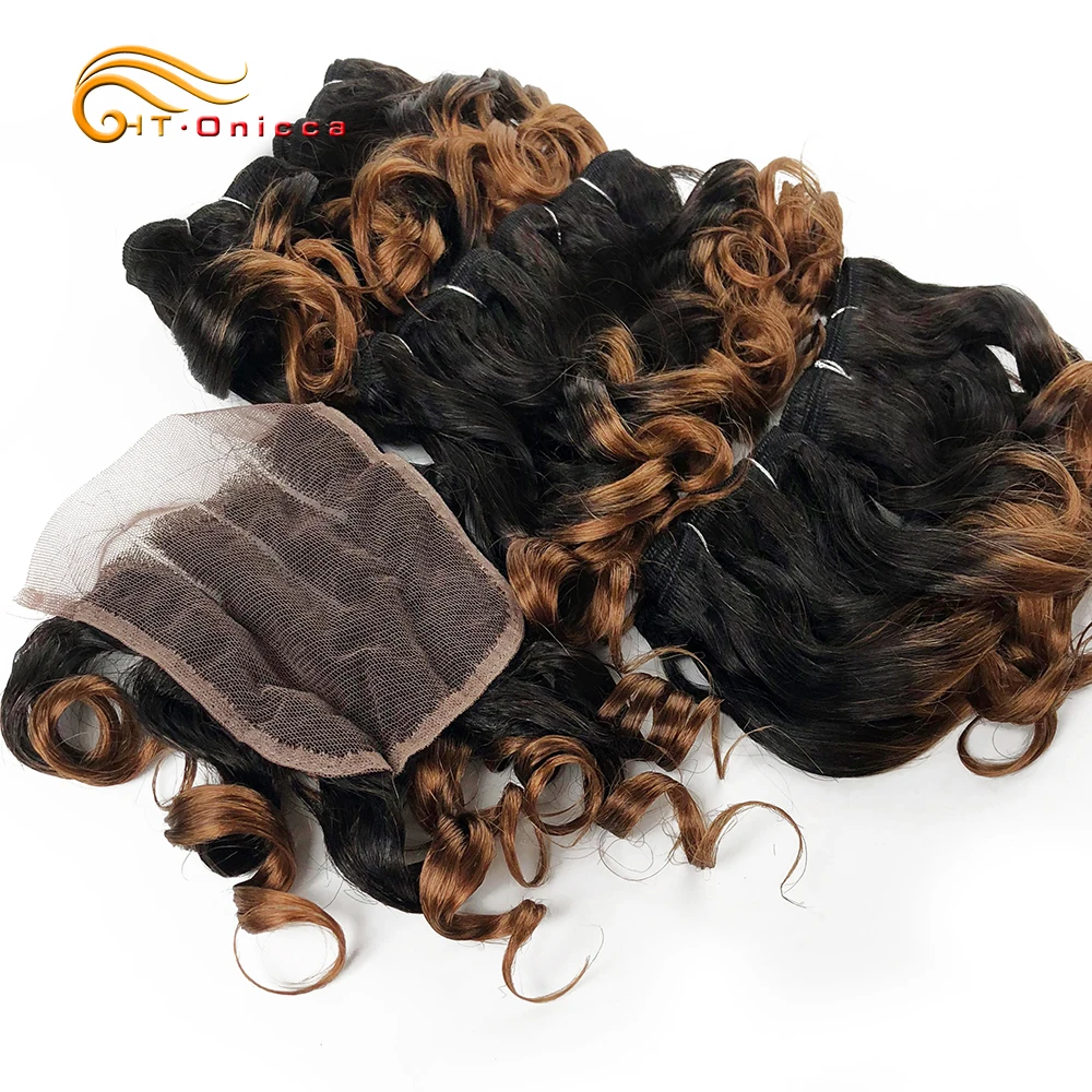 Funmi Hair Bundles With Closure Brazilian Curly Weave Wave Bundle 4*4 1B 27 #4 30 99J Ombre | Шиньоны и парики
