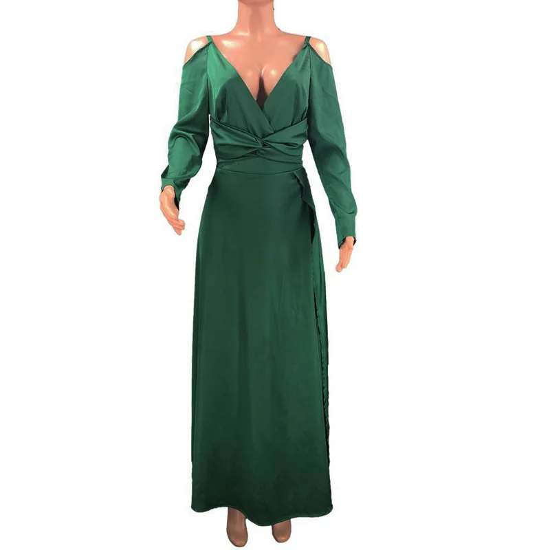 Женское Атласное Платье макси с вырезом глубоким v образным и открытой спиной